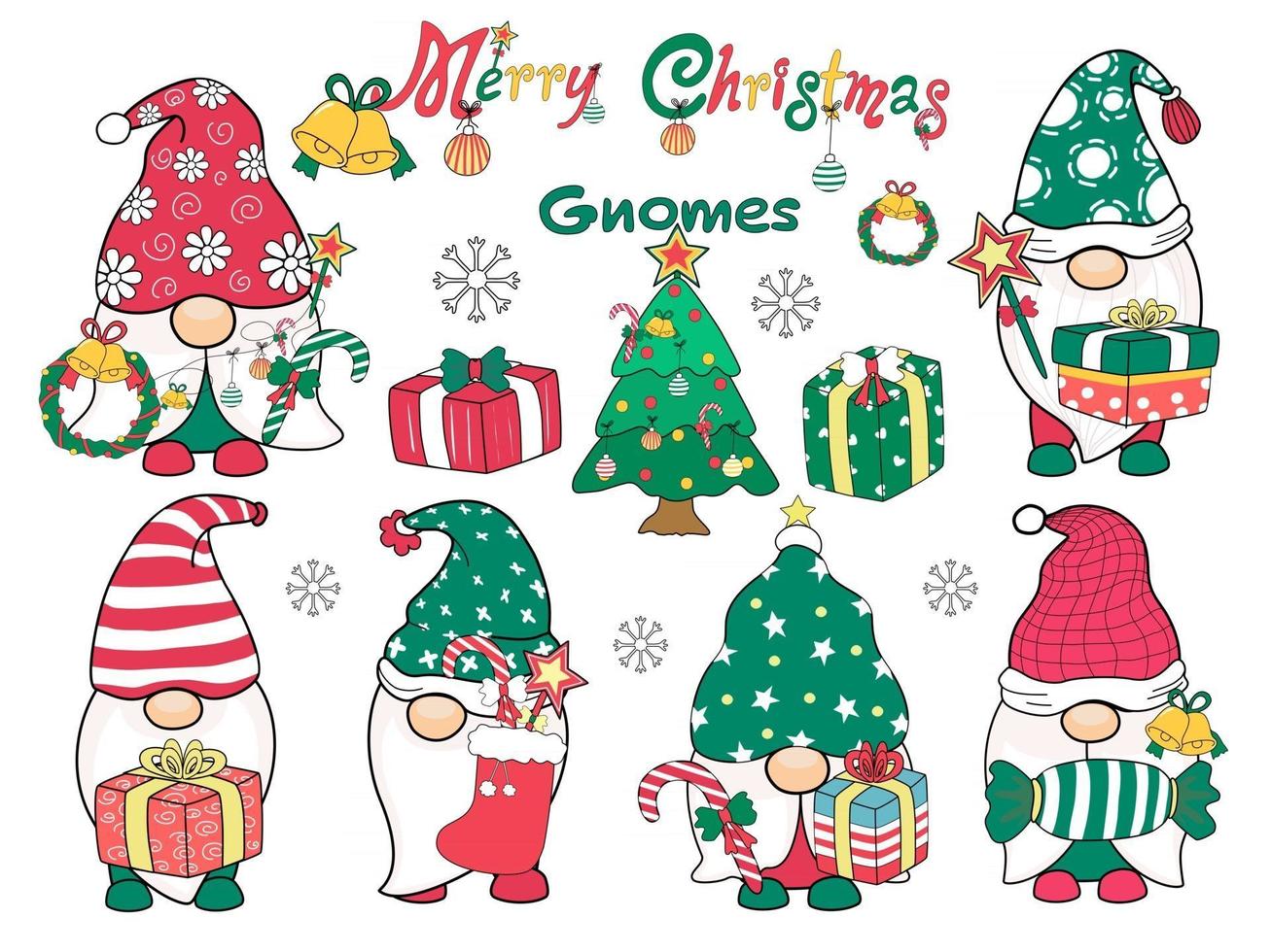 Frohe Weihnachten-Gnome im Doodle-Stil. es kann an verschiedene Anwendungen wie Hintergründe, Einladungskarten, Digitaldruck-T-Shirts, Design-Aufkleber, Basteln, Tassen DIY und mehr angepasst werden vektor