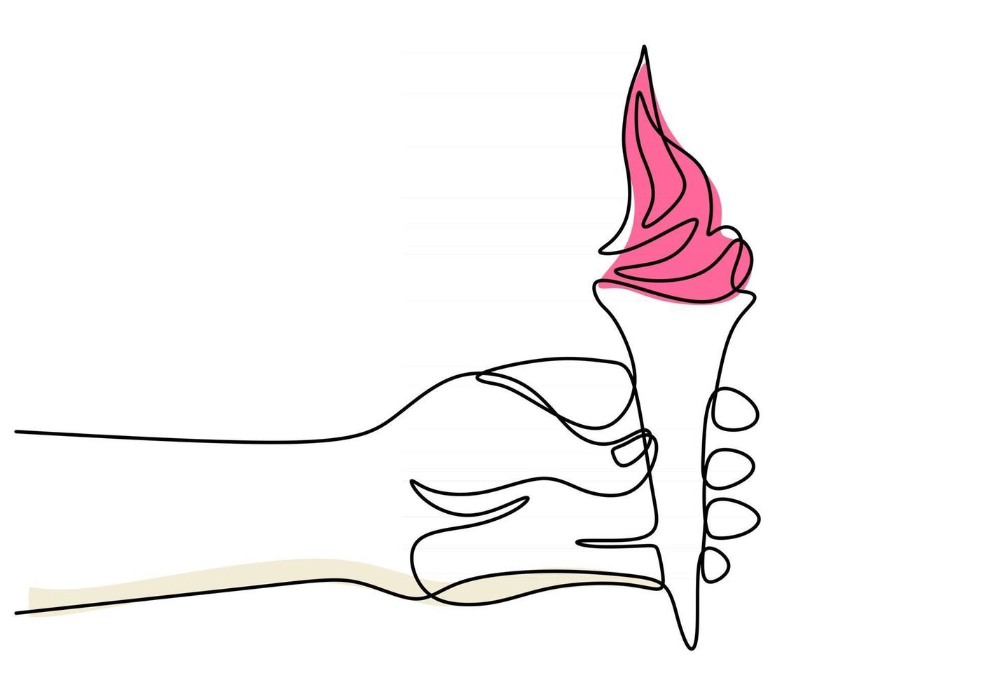 einzelne durchgehende Handlinie hält rosa Eis. Hand halten rosa Eis Fast Food in einem Linienstil isoliert auf weißem Hintergrund. vektor