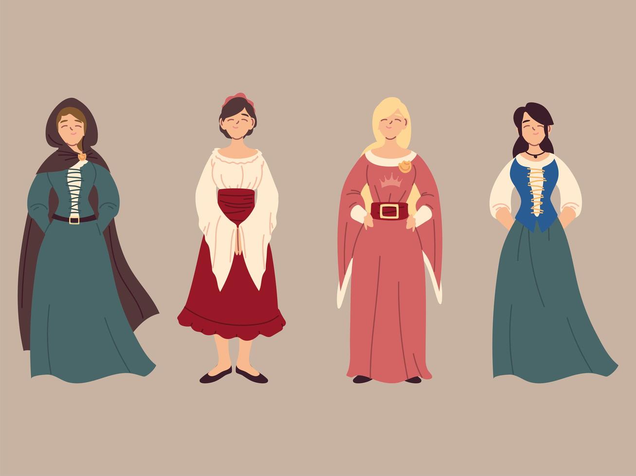 uppsättning medeltida bondekvinnor, medeltida tid vektor