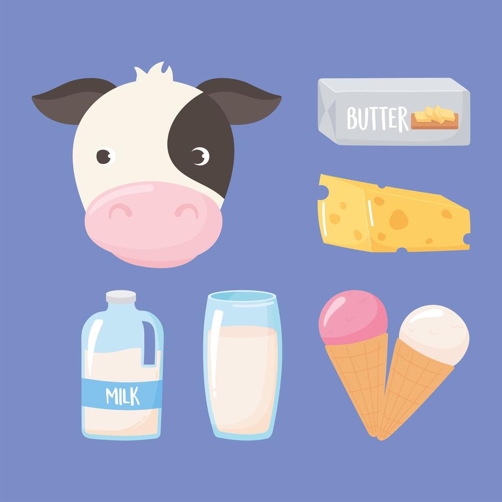 Milch Molkerei Cartoon Icons Set Kuh Eis Butter Käse Getränk vektor