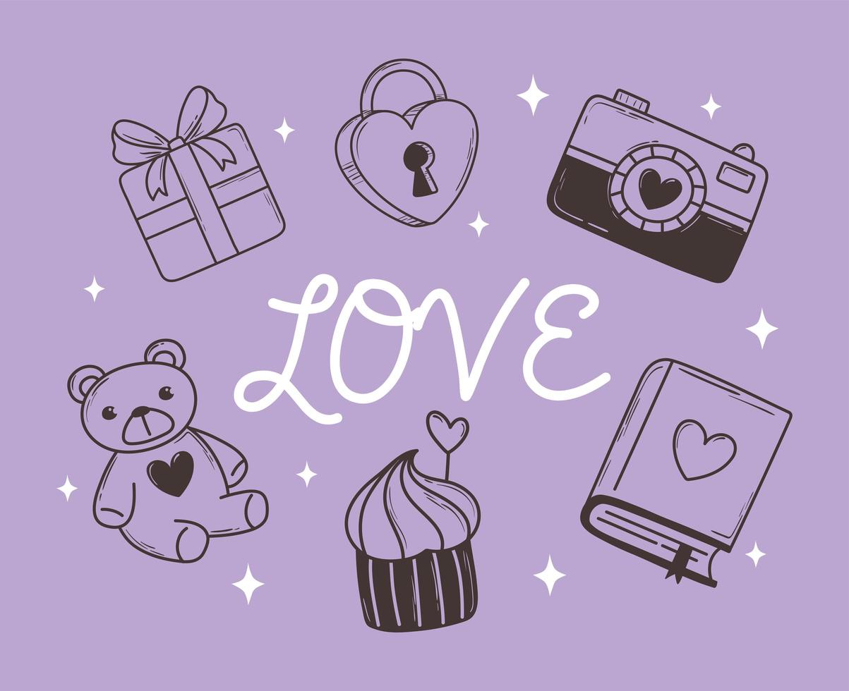 Liebe Doodle Icon Set Geschenk Kamera Bär Cupcake und Buch auf lila Hintergrund vektor