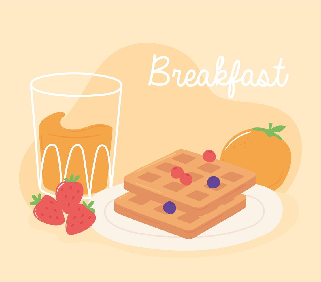 Frühstück Waffel Orangensaft und Erdbeeren leckeres Essen Cartoon vektor