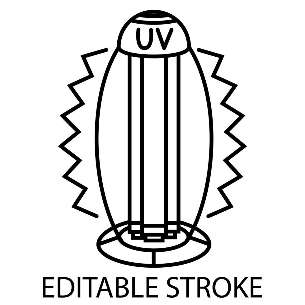 Symbol für die Umrisse der UV-Lichtdesinfektion. Sterilisation von Luft und Oberflächen mit ultraviolettem Licht. Tischlampe mit ultraviolettem Licht. Oberflächenreinigung. editierbarer Strich. dünne Linie. Vektor