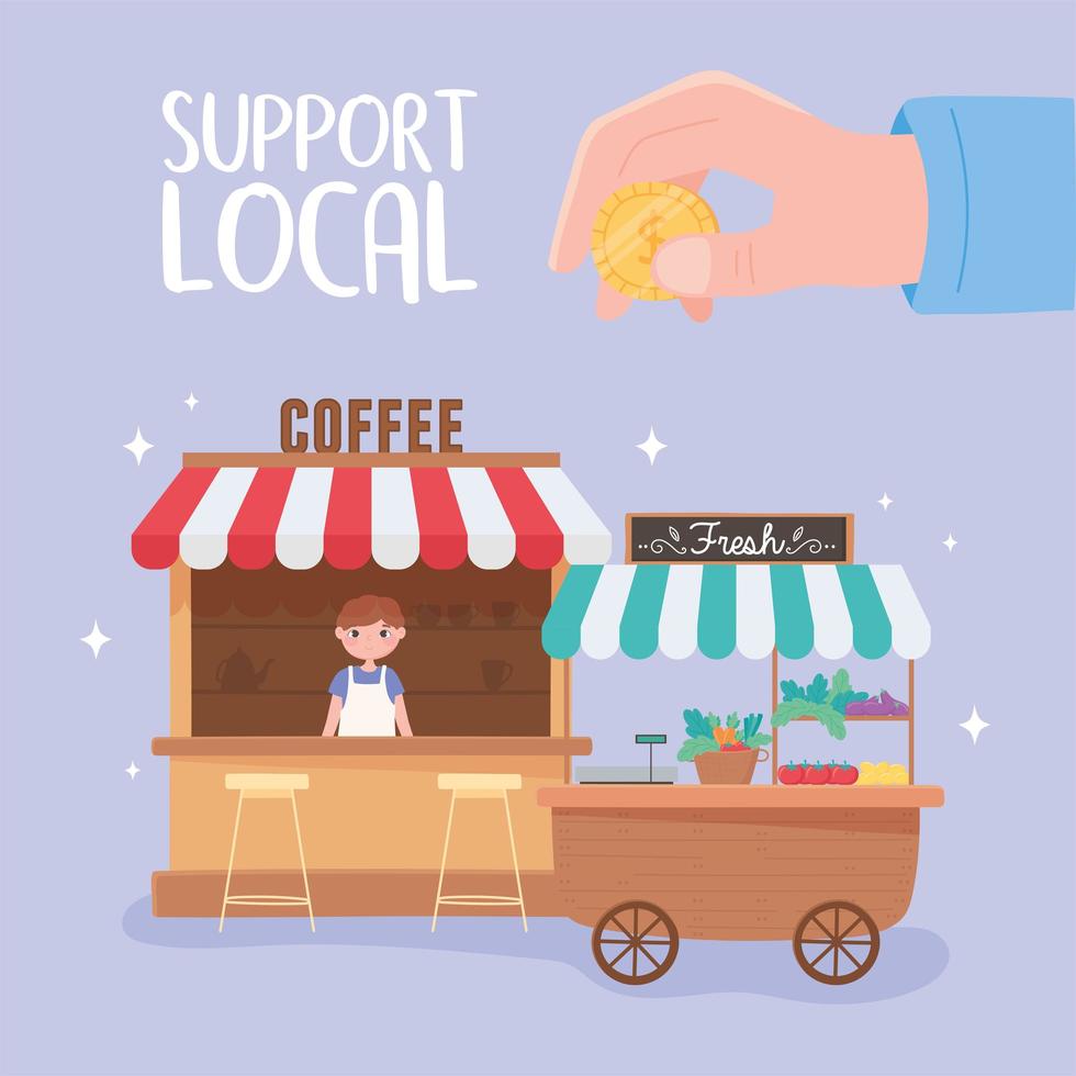 Unterstützen Sie das lokale Geschäft, das Café und den kleinen Stand mit frischem Gemüse vektor