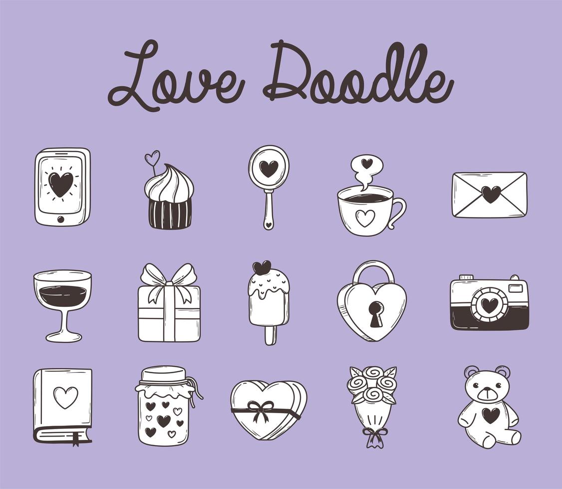 Liebe Doodle Smartphone Cupcake Geschenk Vorhängeschloss Bär Kamera Eis und mehr Symbolsammlung vektor