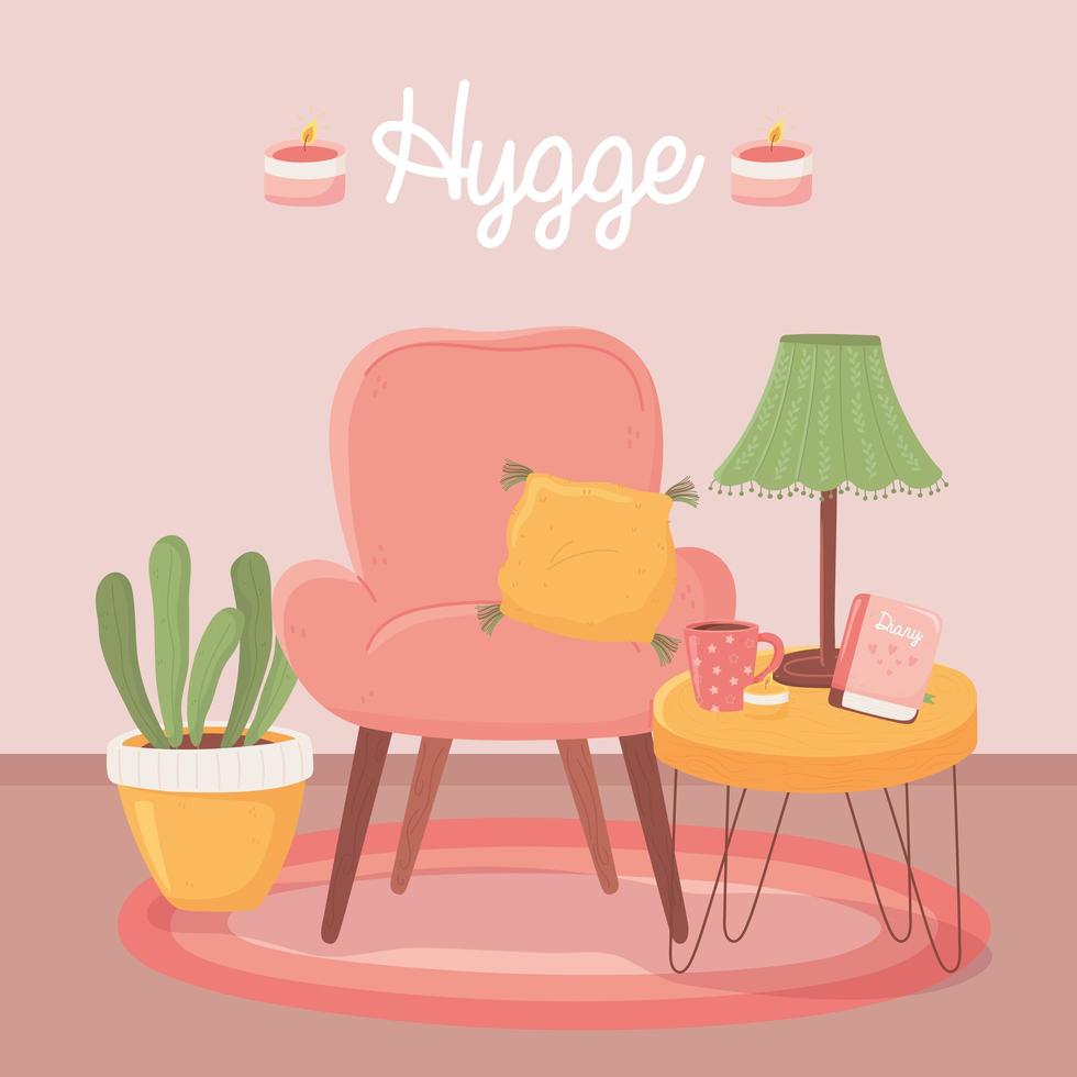 Sessel-Tabe mit Lampe Kaffeetasse und Pflanze, Cartoon-Hygge-Stil vektor