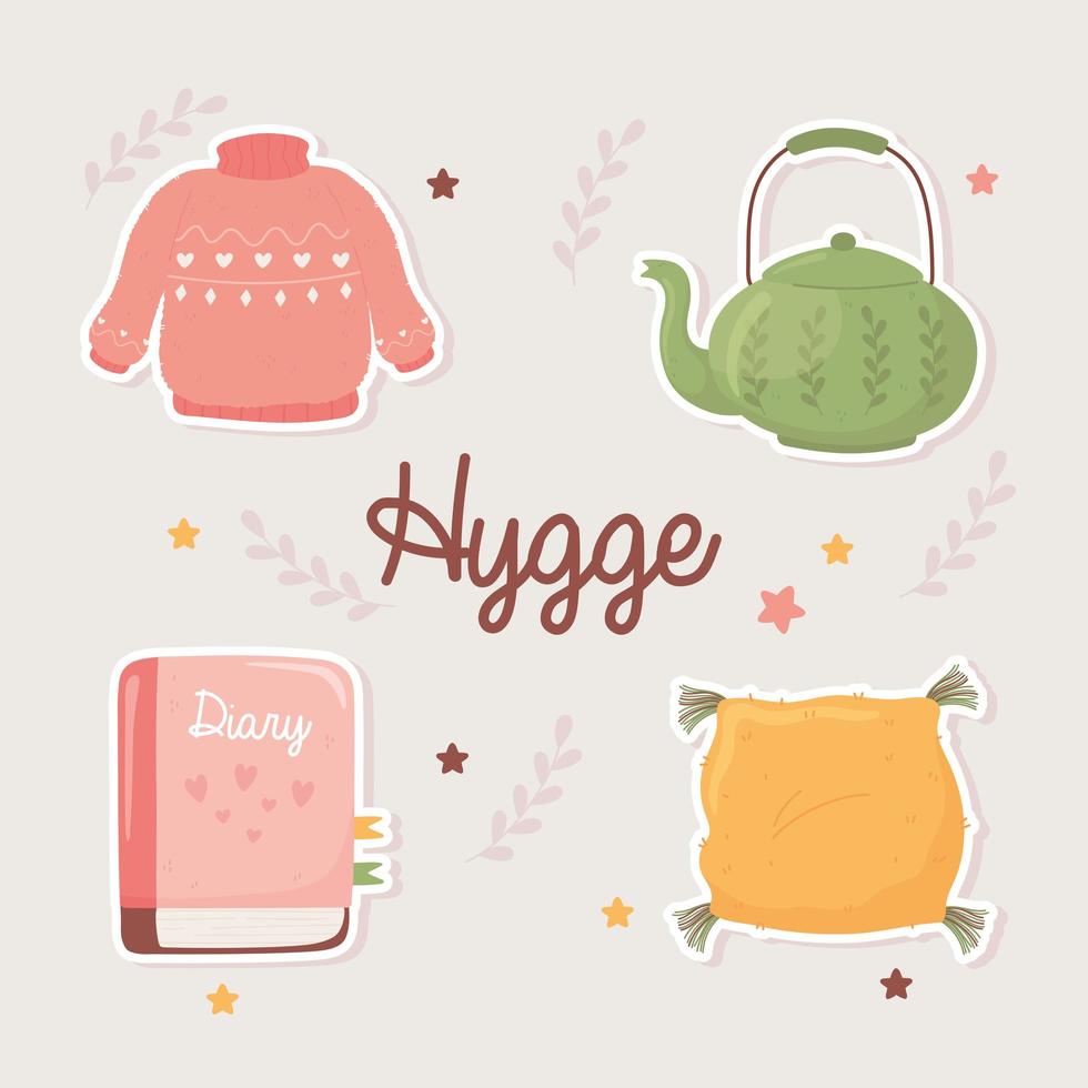 Pullover Teekanne Buch und Kissen, Cartoon-Hygge-Stil vektor