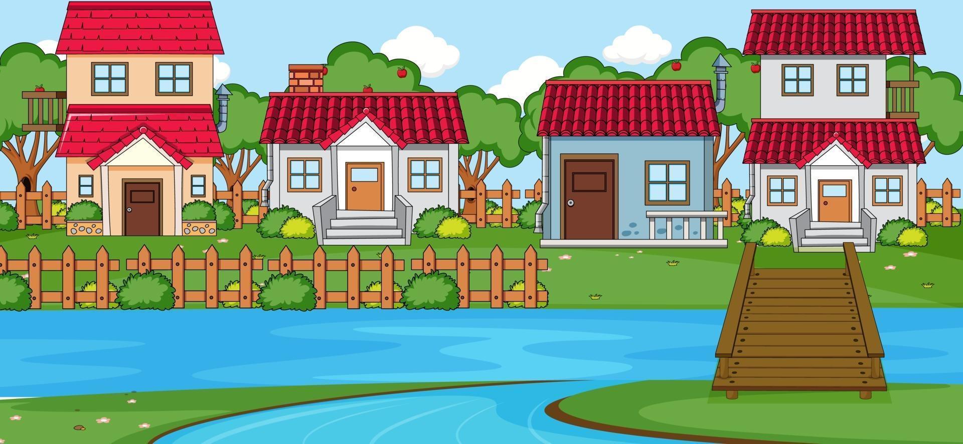 horizontale Szene mit vielen Häusern und Fluss vektor