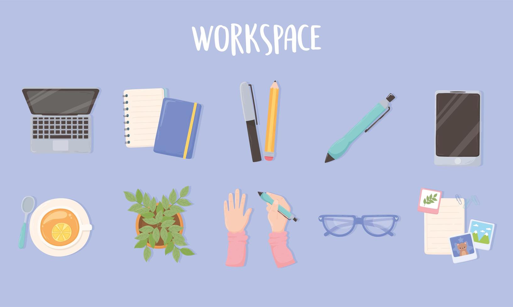 Arbeitsplatz Laptop Papier Stift Bleistift Telefon Brille Teetasse und Topfpflanze Bürosymbole, Draufsicht Design vektor