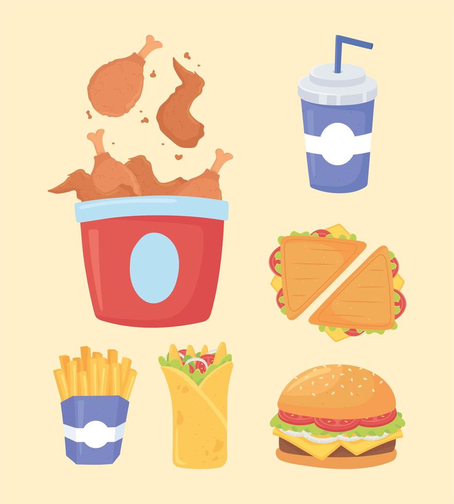 Fast Food, Hühnchensandwiches Pommes Burger und Soda vektor