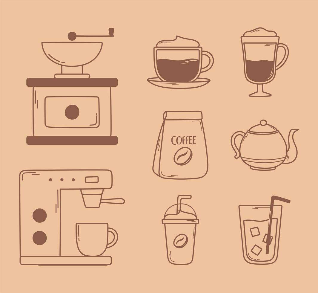 Kaffee manuelle Röstmaschine Wasserkocher Frappe kalte frische Symbole in brauner Linie vektor