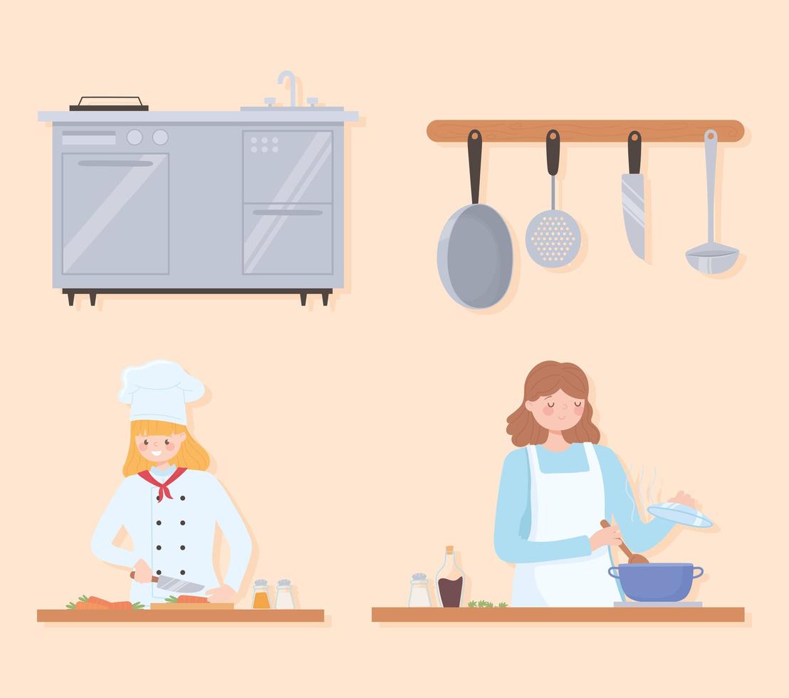 kvinnlig kock som bär traditionell uniform som arbetar i restaurang eller café, ung kvinna som lagar mat hemma vektor