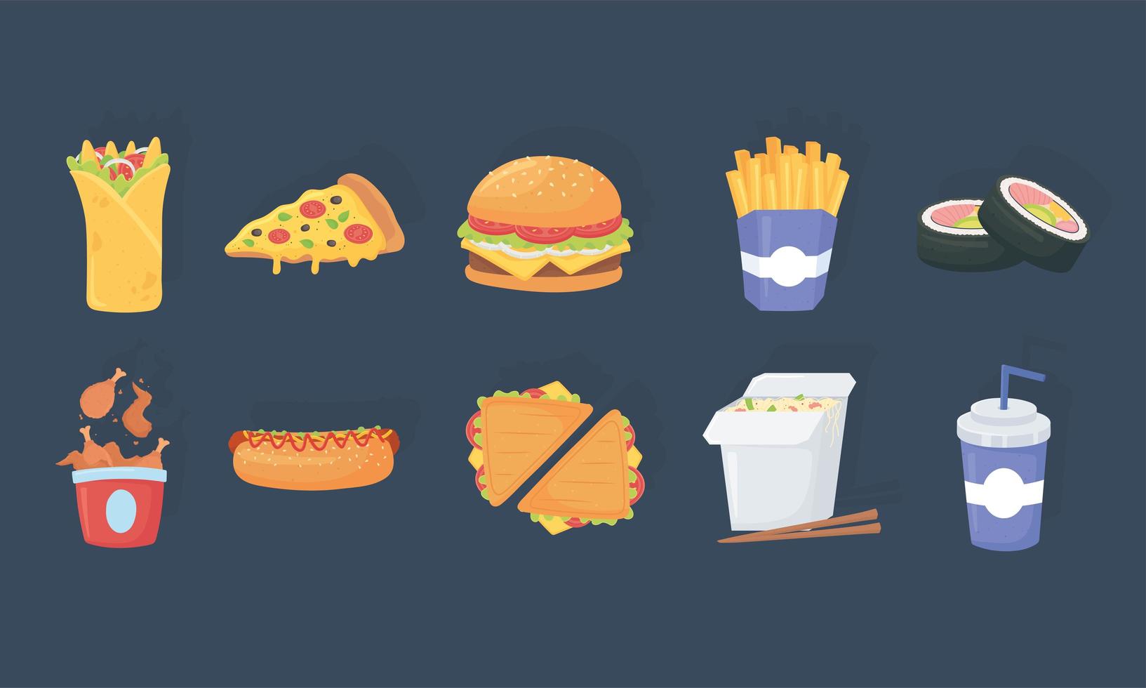 Fast Food, Burrito Pizza Burger Pommes frites Sushi Soda Chicken Hot Dog Icons vektor