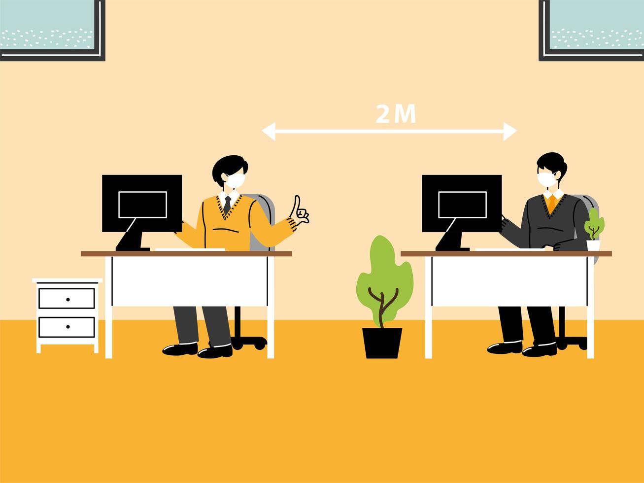 affärsmän som arbetar på kontoret och upprätthåller social avstånd, bär en mask för att förhindra spridning av viruset vektor