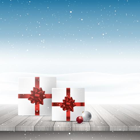 Julklappar på ett träbord med utsikt över en snöig landsca vektor