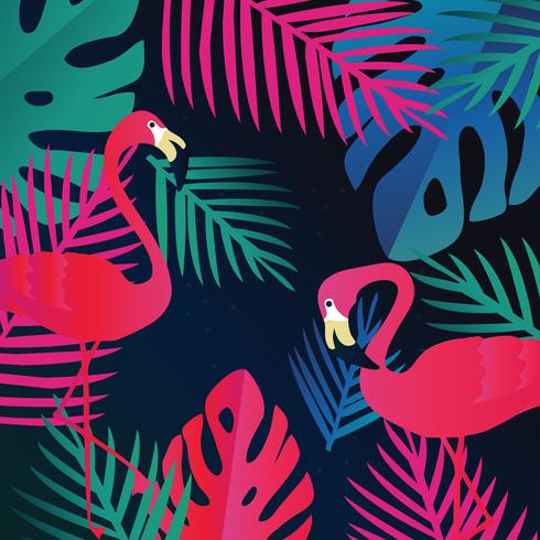 Tropiska djungelbladen med flamingos bakgrund vektor