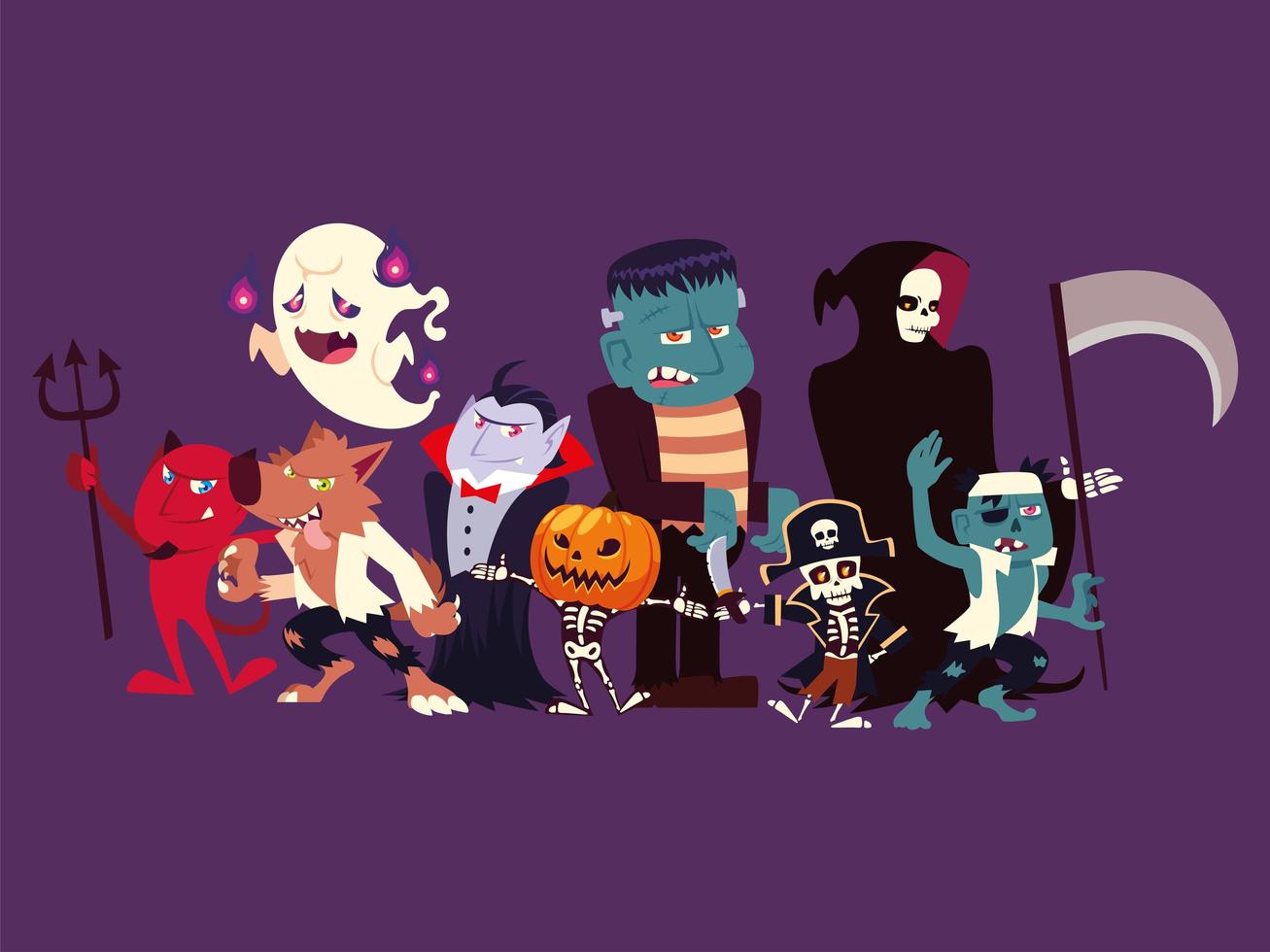 Gruppe lustiger Charaktere für Halloween vektor