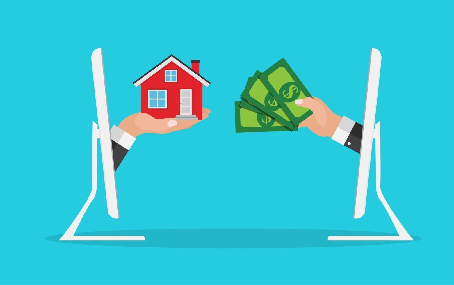 fastighetskoncept. köp husaffisch med mäns händer som betalar pengar för hembyggnaden. vektor illustration