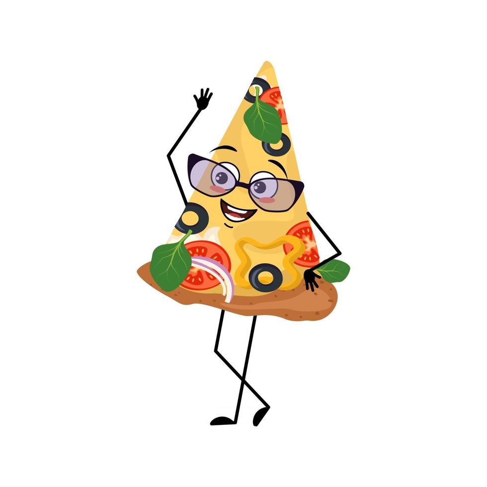 süße Pizzafigur mit Brille und fröhlichen Emotionen, Lächeln, glückliche Augen, Arme und Beine. ein schelmisches Essen vektor
