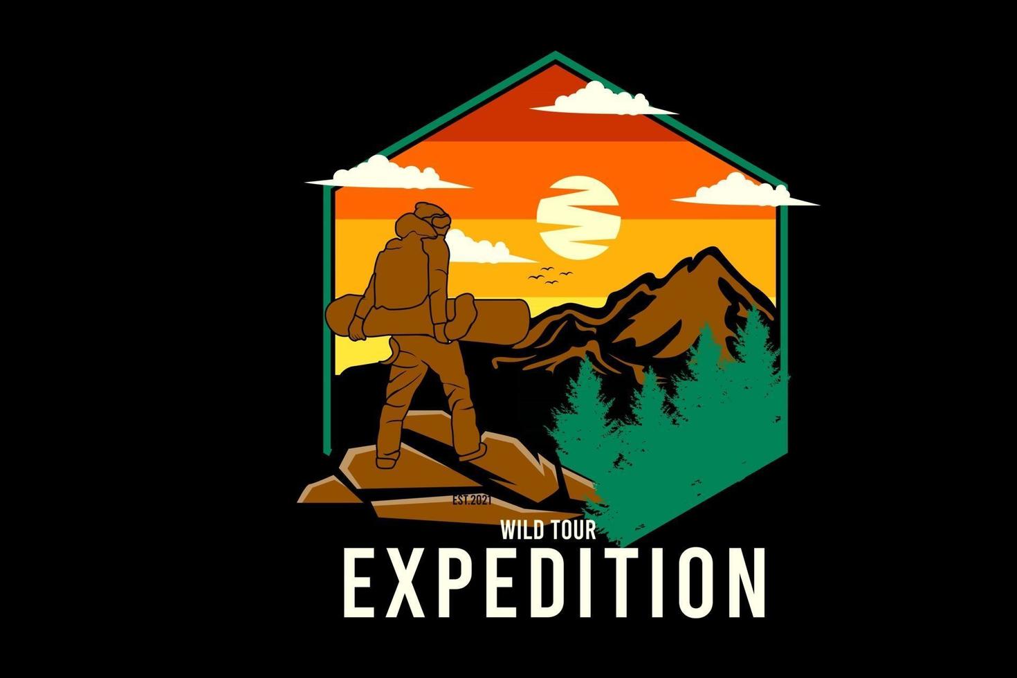 vild tur expedition silhuett design med retro bakgrund vektor