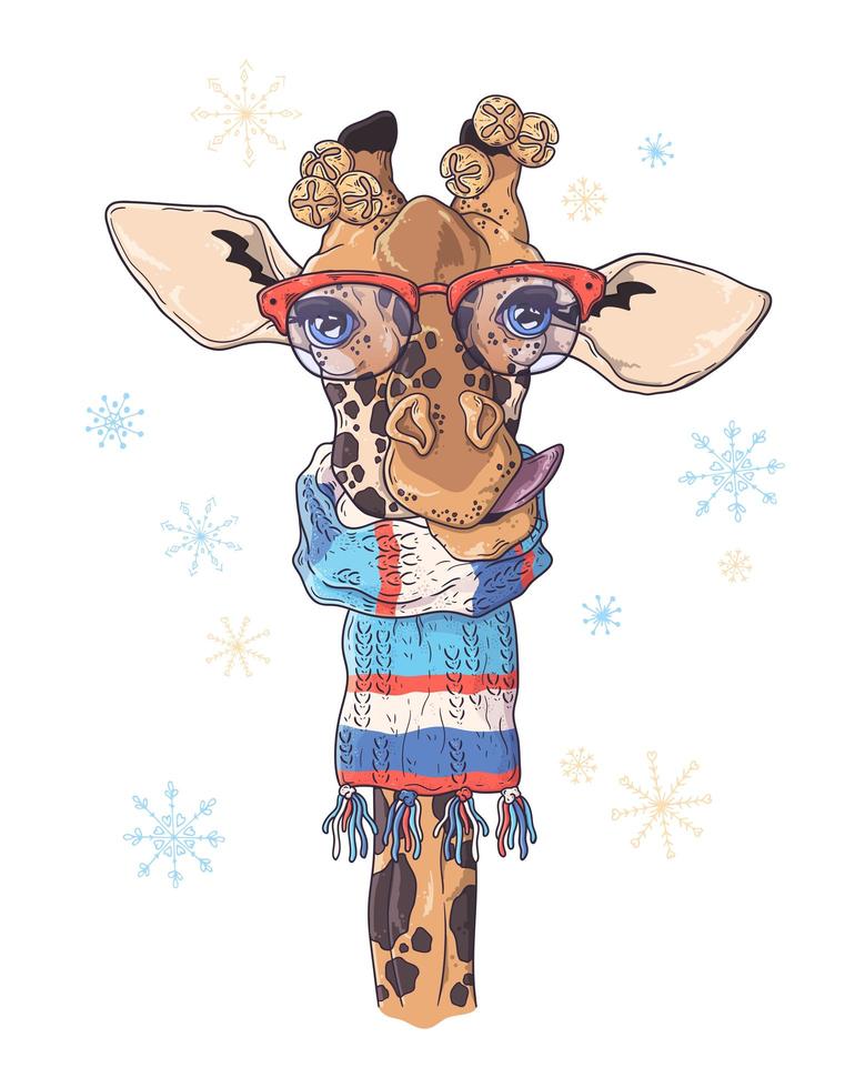 hand gezeichnetes porträt der giraffe im weihnachtszubehörvektor. vektor