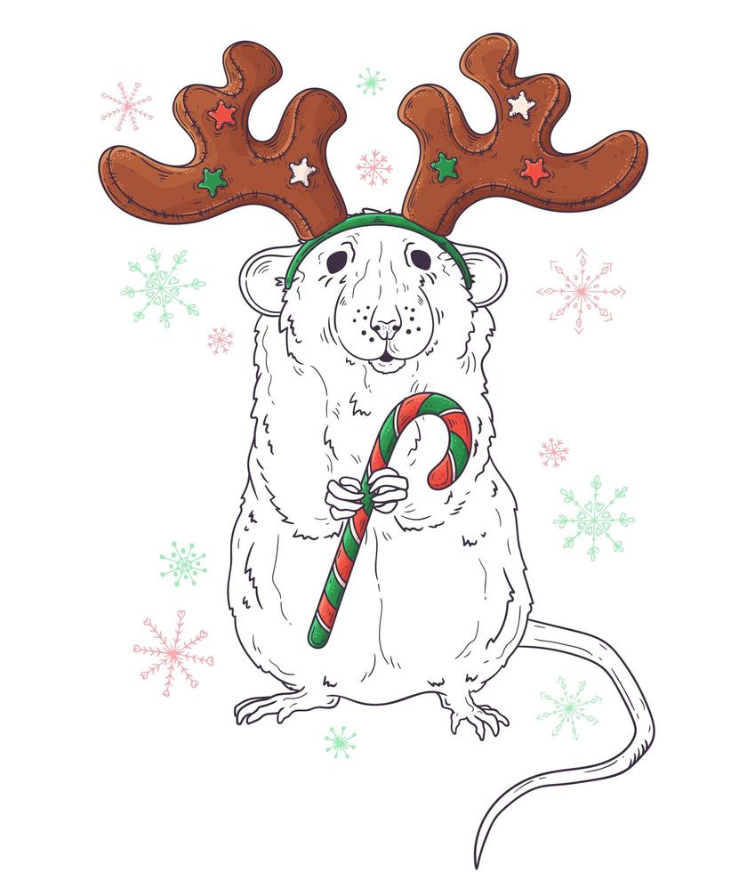 hand gezeichnetes porträt der ratte im weihnachtszubehörvektor. vektor