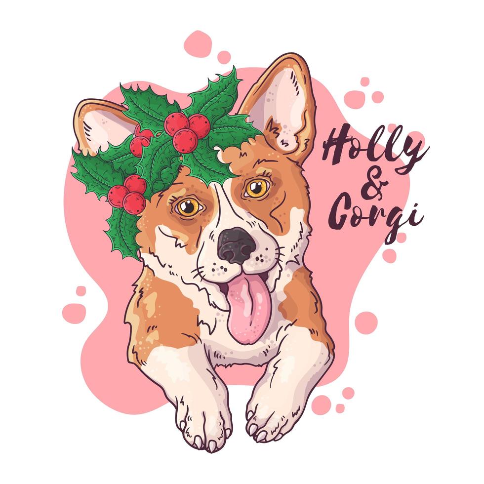 Hand gezeichnetes Porträt des Corgihundes mit Weihnachtsblumenvektor. vektor