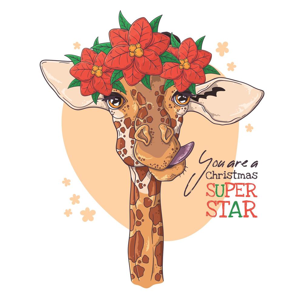 handgezeichnetes porträt der giraffe mit weihnachtsblumenvektor. vektor