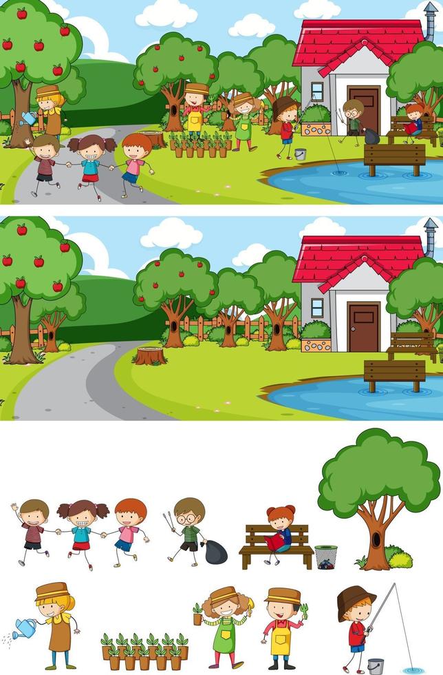park scen med många barn doodle seriefigurer isolerade vektor