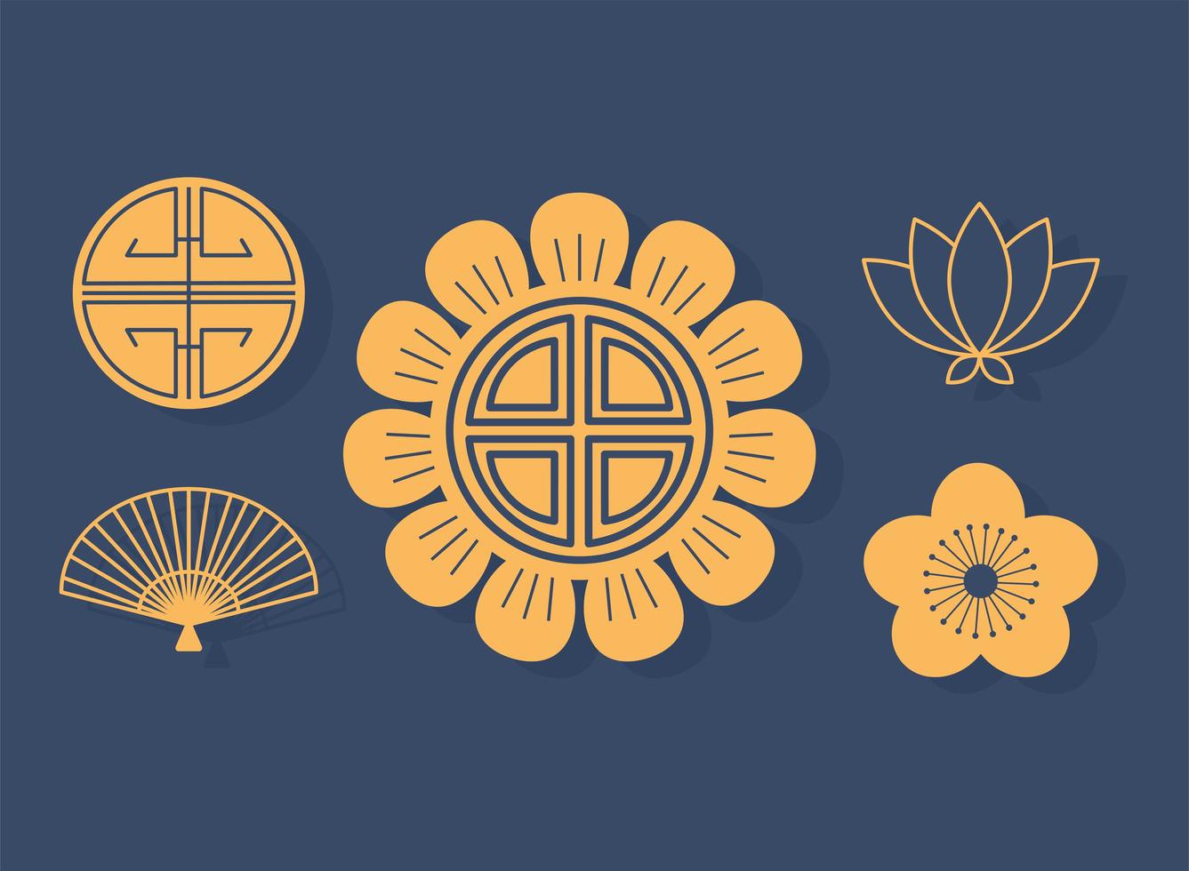Blumenfächer und Ornament orientalisches Element Dekoration Set Icons Line Design vektor