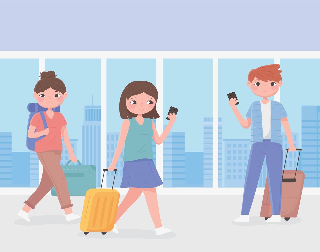 människor som reser, unga människor med smartphone och resväskor på flygplatsen vektor