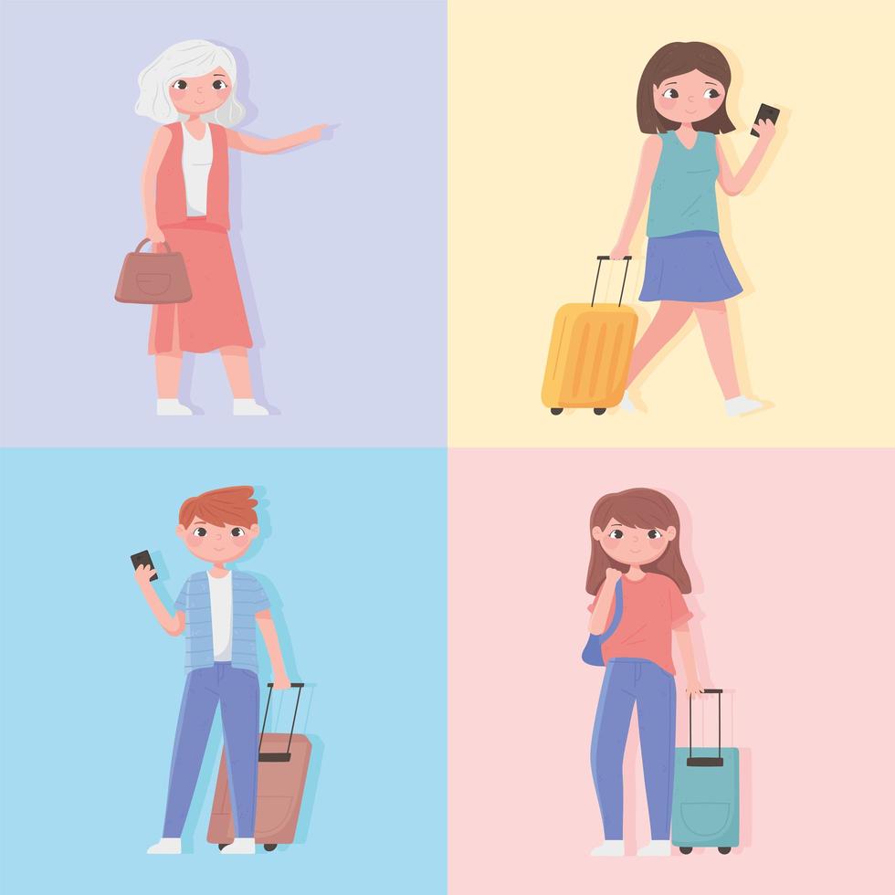 människor som reser, ställer människor med bagage smartphone turist seriefigurer vektor