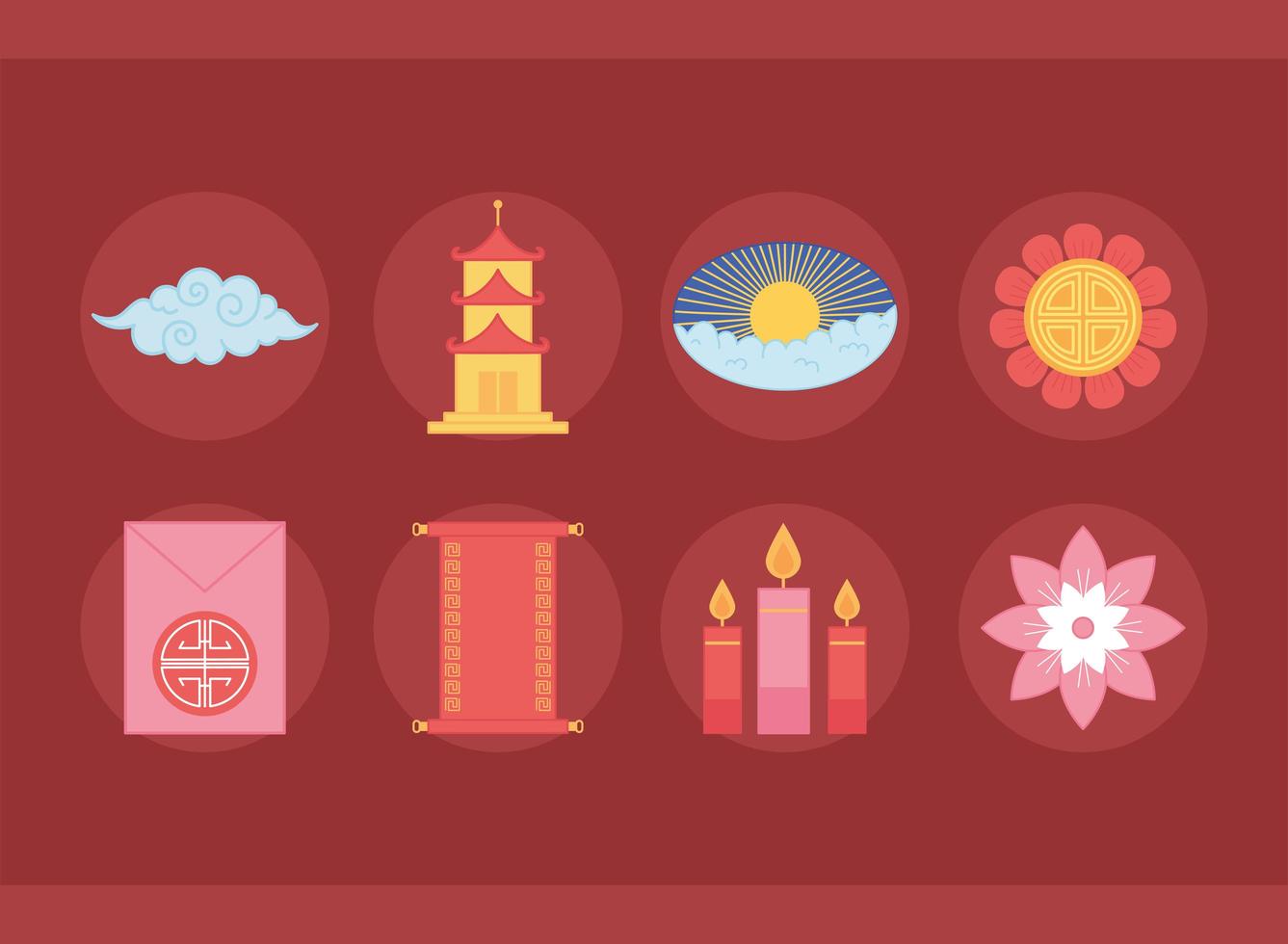 orientaliska element dekoration blomma pagoda bläddra och ornament ikoner anger färg design vektor