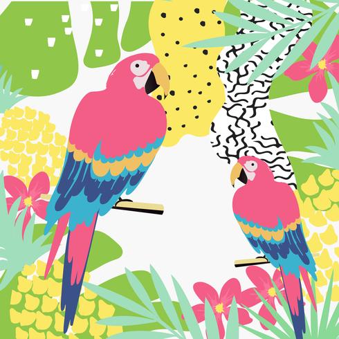 Tropisk djungel lämnar bakgrund med papegojor. Sommar vektor illustration design
