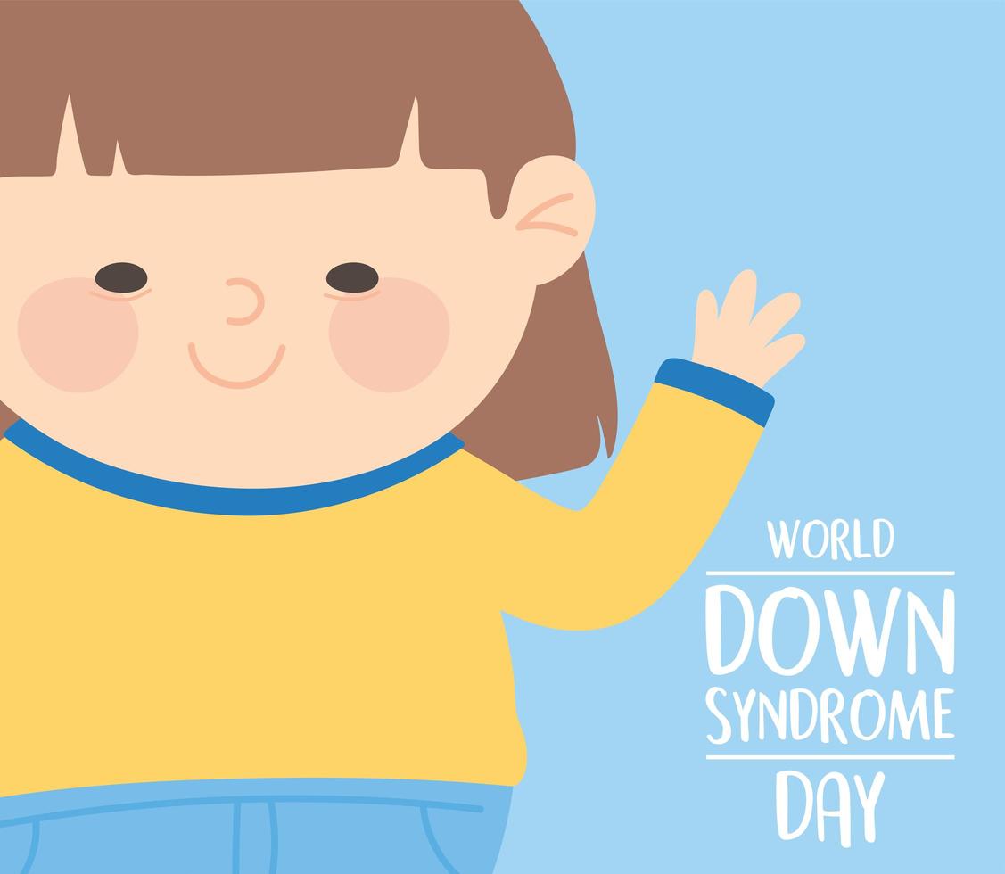 Welt-Down-Syndrom-Tag winkende Hand niedliche kleine Mädchenkarikatur vektor