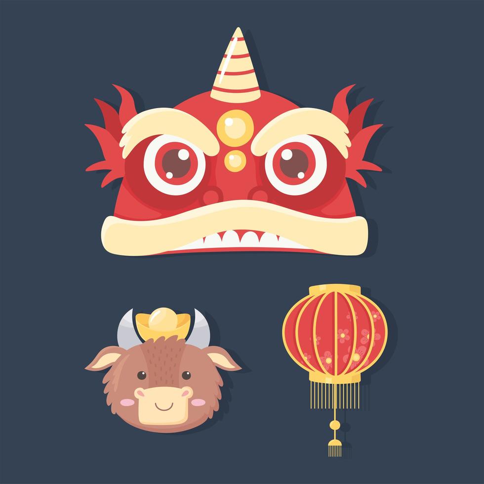 Frohes neues Jahr Chinesisch, Set Icons Laterne Ochse und Drache vektor