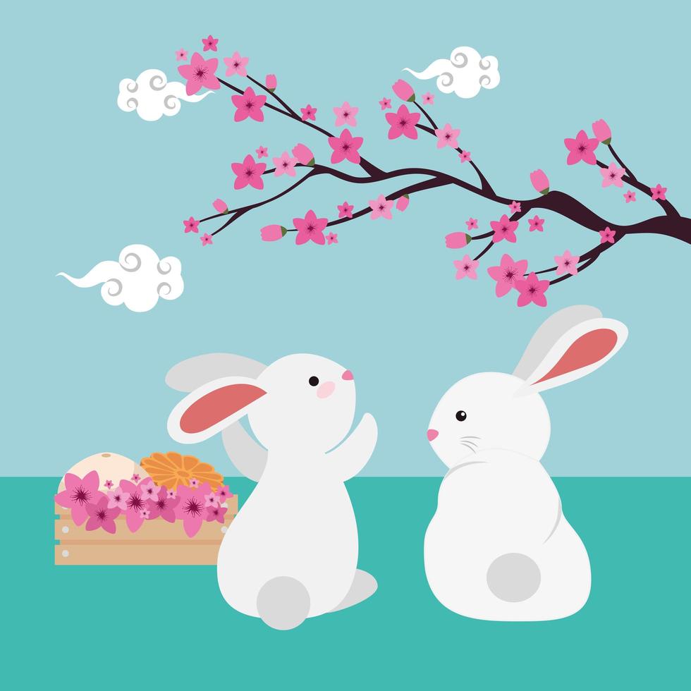 kaninpar med kinesiska trädgrenar och blommor vektor