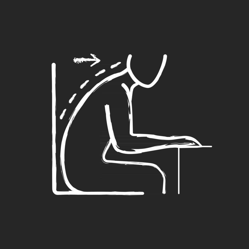 framåt lutande sittställning krita vit ikon på svart bakgrund. rundade axlar och böjd hållning. slungad position vid skrivbordet. ostödd hållning. isolerade vektor tavlan illustration