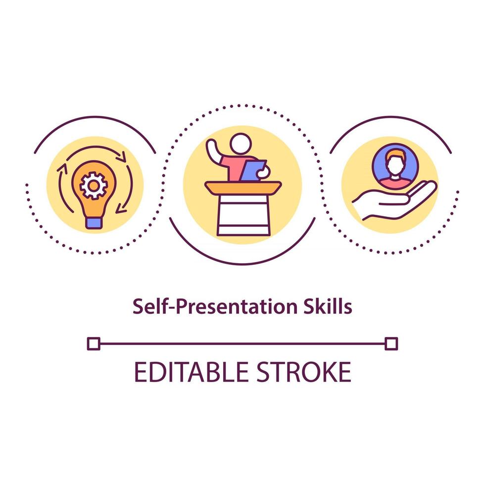 Symbol für das Konzept der Selbstpräsentationsfähigkeiten. Förderung, öffentliches Reden. erfolgreiche Personal Branding-Idee dünne Linie Illustration. Vektor isoliert Umriss RGB-Farbzeichnung. bearbeitbarer Strich