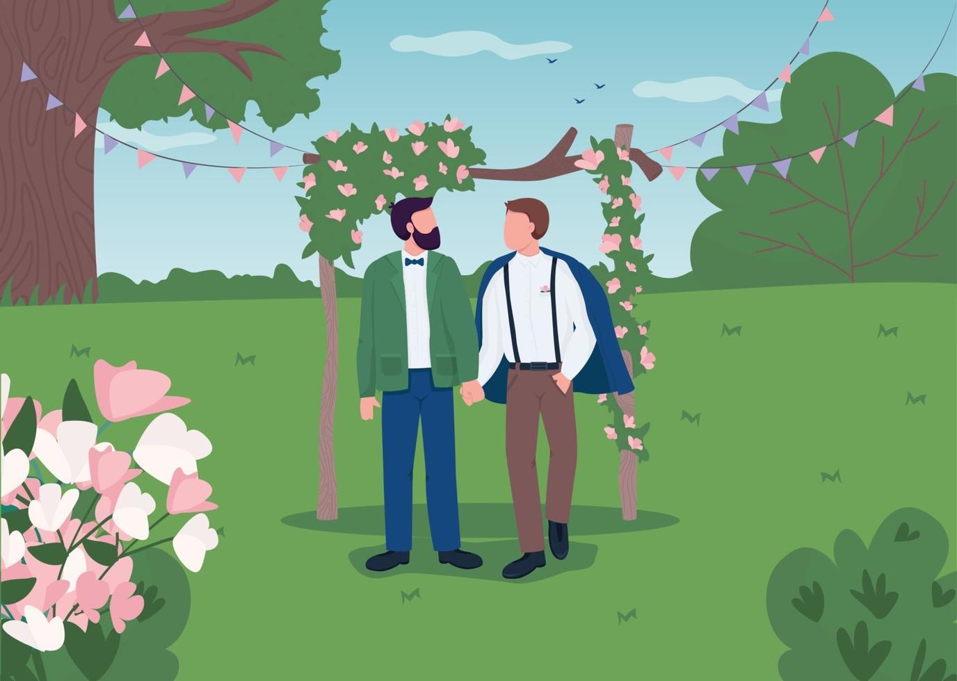 glückliches schwules Paar am Hochzeitstag flache Farbvektorillustration vektor