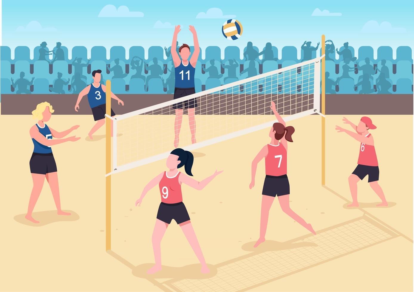 Leute, die Volleyball auf flacher Farbvektorillustration des Strandes spielen vektor