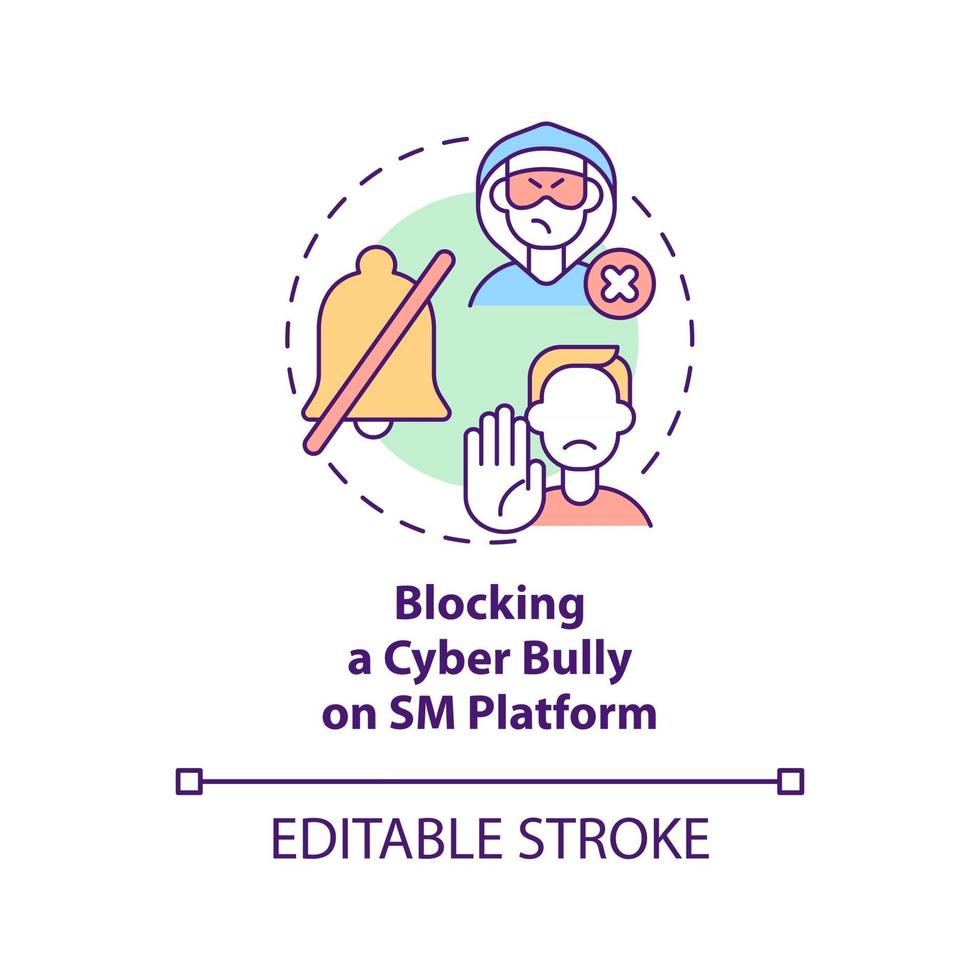 blockerar cyber mobbning på sm plattform koncept ikon. rapporterar cybermobbning idé tunn linje illustration. grymt, skadligt beteende förebyggande. vektor isolerad kontur rgb färg ritning. redigerbar stroke