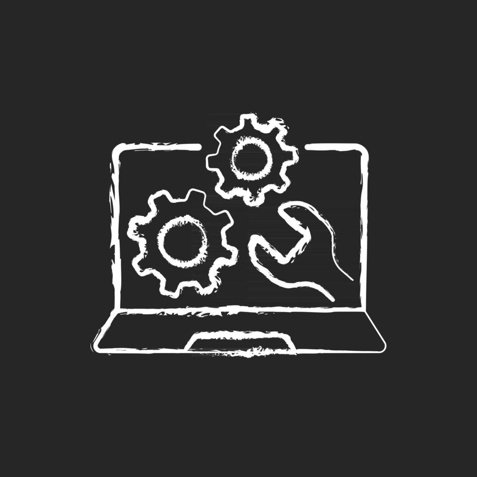 Computer-Reparatur-Service Kreide weißes Symbol auf schwarzem Hintergrund. Software auf dem Notebook installieren. technischer Support für Elektronik. Laptop-Probleme. isolierte vektortafelillustration vektor