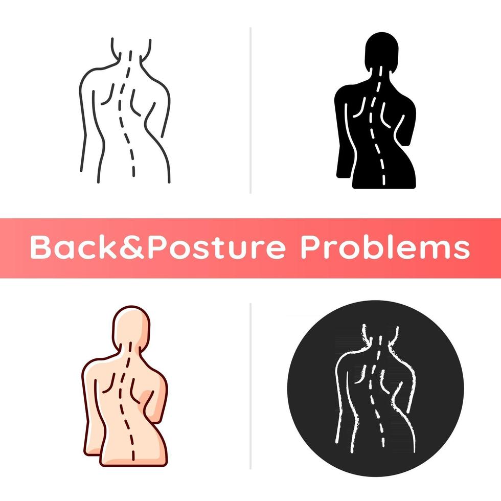 skolios-ikonen. sidokurva. ojämna höfter och axlar. klämda nerver. onormal ryggrad i sidled krökning. skadar större organ. linjära svart och rgb färgstilar. isolerade vektorillustrationer vektor