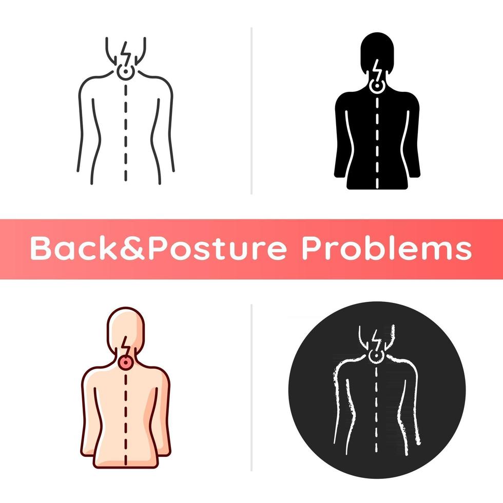 nacksmärta ikon. nervrotkompression. cervikal radikulit. tryck på ryggradsnerven. muskelsvaghet. anstränger sig från dålig hållning. linjära svart och rgb färgstilar. isolerade vektorillustrationer vektor