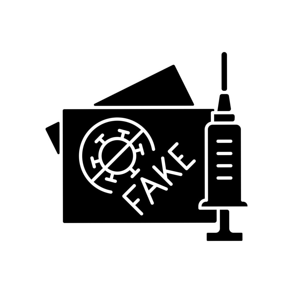 falskt vaccinationskort svart glyph-ikon. falskt coronaviruscertifikat. tillverkat pass för covidvaccin. hälso- och sjukvård och medicin. silhuett symbol på vitt utrymme. vektor isolerad illustration