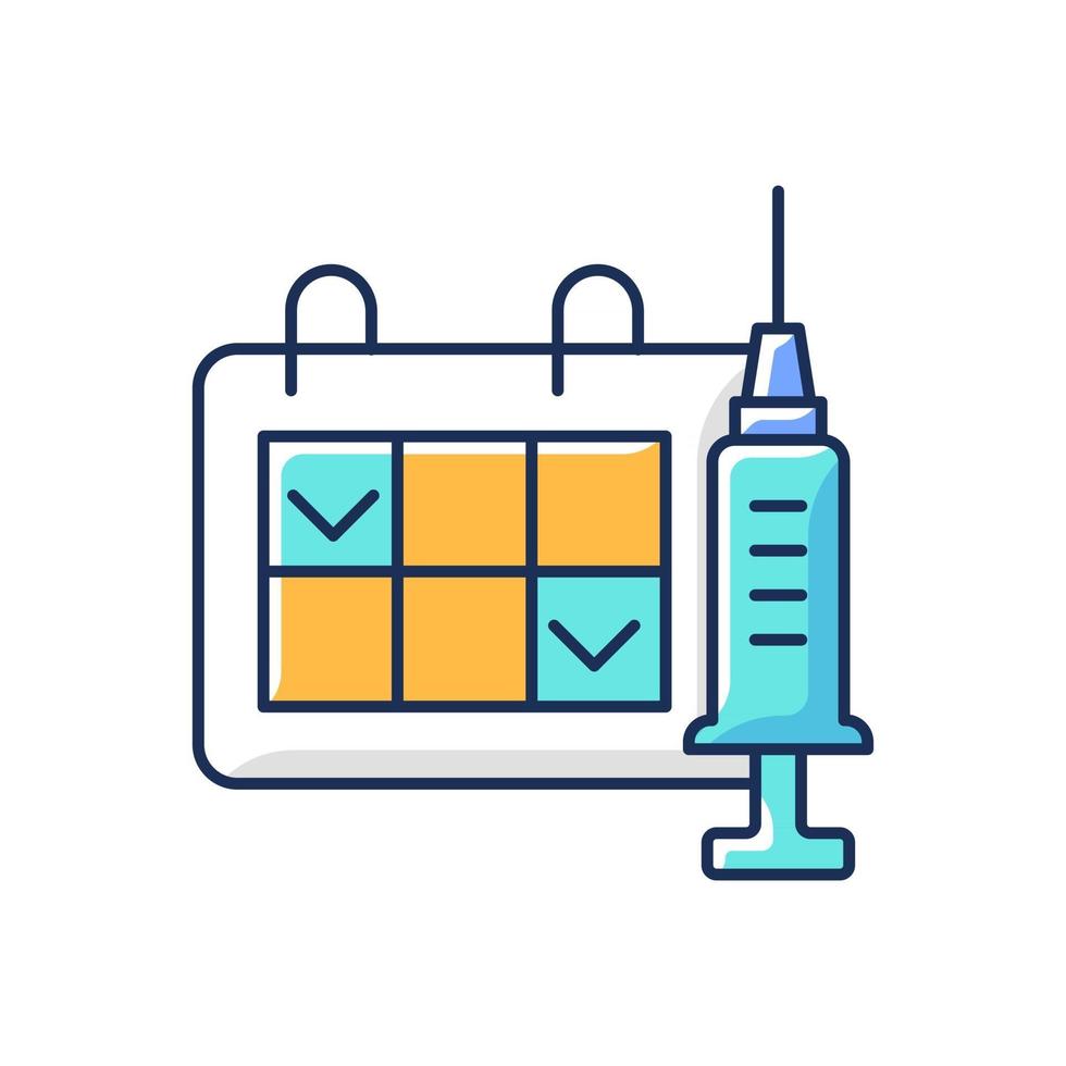 två dos vaccination rgb färgikonen. kalender för upprepad läkemedelsinjektion. planerat klinikbesök. 2 schemalägg vaccinschema. sjukhusavtal. hälsovård, medicin. isolerad vektorillustration vektor