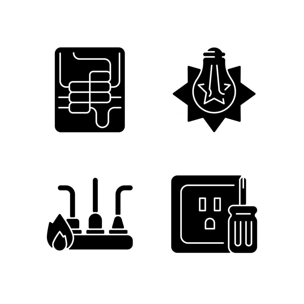 elektriker service svart glyph ikoner som på vitt utrymme. brytare panel. exploderande glödlampa. utloppsreparation. elförsörjningssystem. silhuett symboler. vektor isolerad illustration