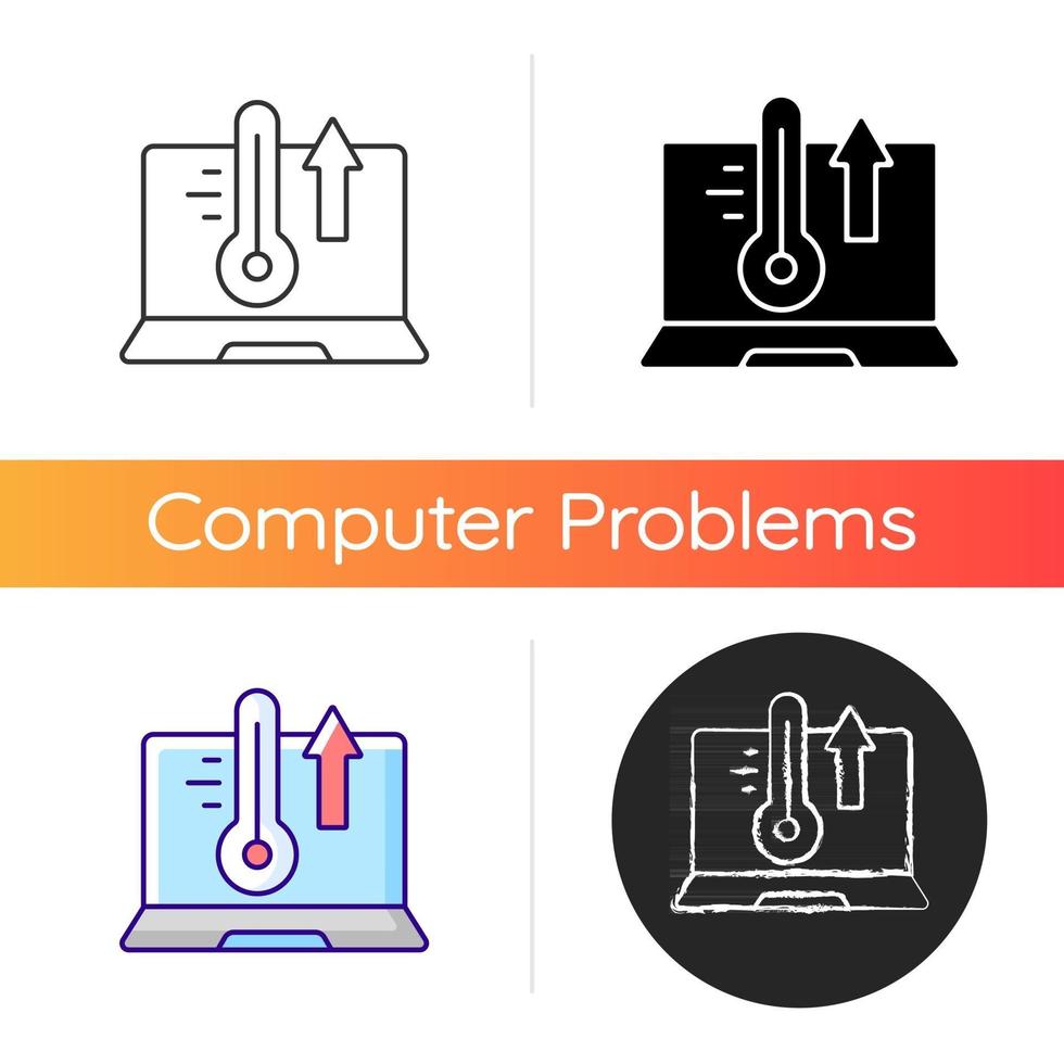 Symbol für Computerüberhitzung. hohe Prozessortemperatur. heißes Notebook, Problem mit Kühlsystem. technischer Support und Reparaturservice. lineare Schwarz- und RGB-Farbstile. isolierte vektorillustrationen vektor