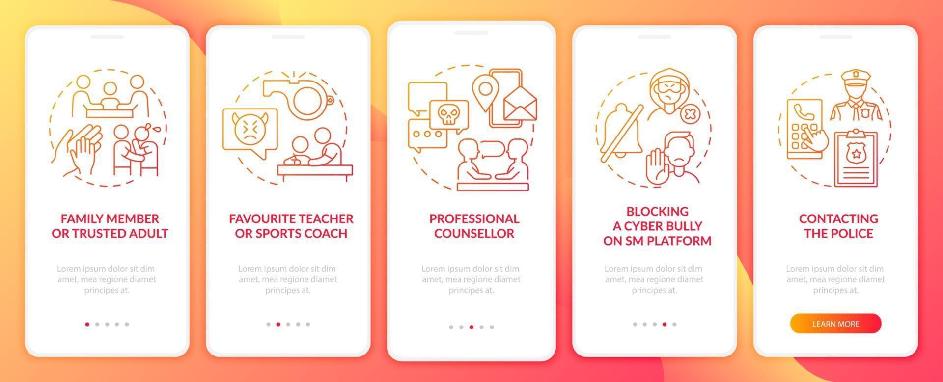Meldung von Cyber-Belästigung beim Onboarding der mobilen App-Seitenseite mit Konzepten. vertrauenswürdiger Erwachsener, Lehrer Walkthrough 5 Schritte grafische Anweisungen. ui, ux, gui-Vektorvorlage mit linearen Farbillustrationen vektor